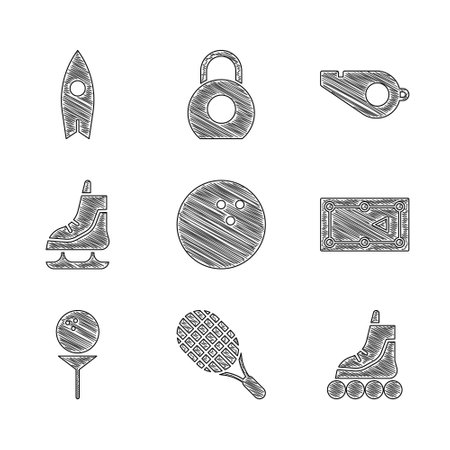 Set Bowling ball, Tennis racket, Roller skate, Billiard table, Golf on tee, Skates, Whistle and Surfboard icon. Vectorのイラスト素材