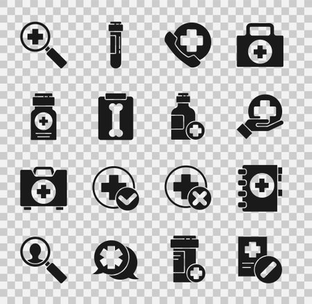 Set Medical prescription, clipboard, Cross hospital medical, Emergency phone call to, X-ray shots, Medicine bottle, Magnifying glass for search and Bottle of medicine syrup icon. Vectorのイラスト素材
