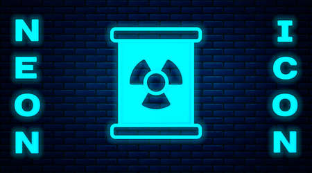 Glowing neon Radioactive waste in barrel icon isolated on brick wall background. Toxic refuse keg. Radioactive garbage emissions, environmental pollution. Vectorのイラスト素材