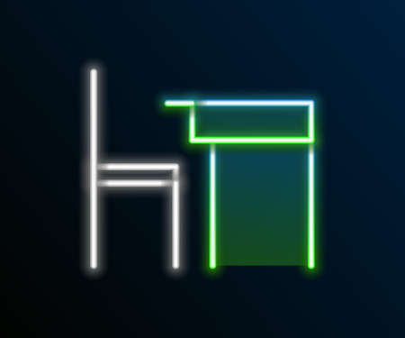 Glowing neon line School table and chair of classroom icon isolated on black background. School desk. Colorful outline concept. Vectorのイラスト素材