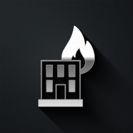 Silver Fire in burning building on city street icon isolated on black background. Destroyed city on fire. Long shadow style. Vectorのイラスト素材