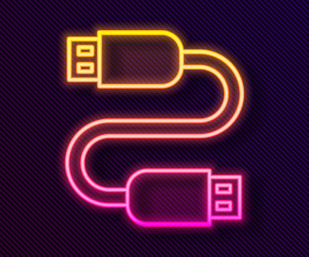 Glowing neon line USB cable cord icon isolated on black background. Connectors and sockets for PC and mobile devices. Vectorのイラスト素材