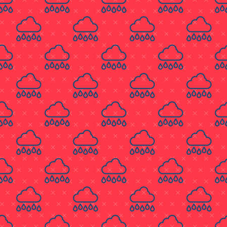 Blue line Cloud with rain icon isolated seamless pattern on red background. Rain cloud precipitation with rain drops. Vectorのイラスト素材