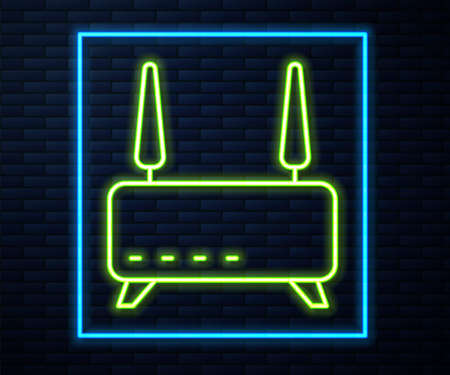 Glowing neon line Router and wi-fi signal icon isolated on brick wall background. Wireless ethernet modem router. Computer technology internet. Vectorのイラスト素材