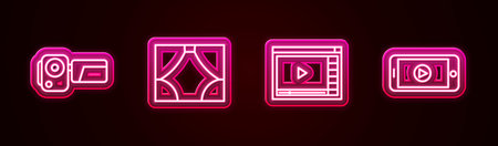 Set line Cinema camera, Curtain, Online play video and . Glowing neon icon. Vectorのイラスト素材