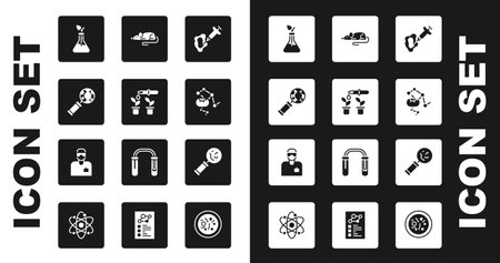 Set Syringe, Pipette and plant, DNA research, search, Plant breeding, Genetically modified food, Experimental mouse, Microorganisms under magnifier and Laboratory assistant icon. Vectorのイラスト素材