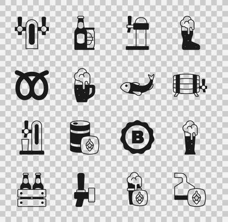 Set Beer brewing process, Glass of beer, Wooden barrel, Dispenser, Pretzel, tap and Dried fish icon. Vectorのイラスト素材
