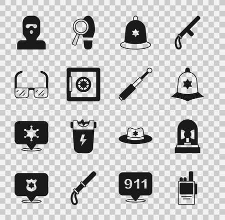 Set Walkie talkie, Flasher siren, British police helmet, Safe, Safety goggle glasses, Thief mask and Telescopic baton icon. Vectorのイラスト素材