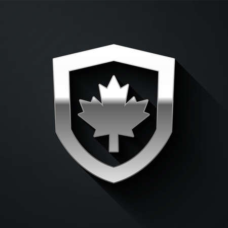 Silver Canada flag on shield icon isolated on black background. Long shadow style. Vectorのイラスト素材