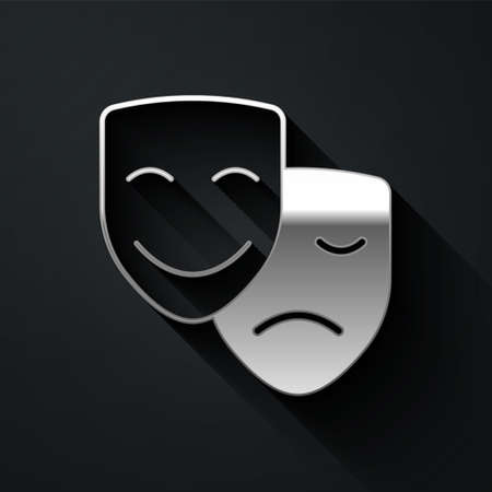 Silver Comedy and tragedy theatrical masks icon isolated on black background. Long shadow style. Vectorのイラスト素材