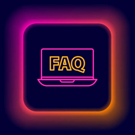 Glowing neon line Laptop and FAQ icon isolated on black background. Adjusting, service, setting, maintenance, repair, fixing. Colorful outline concept. Vectorのイラスト素材
