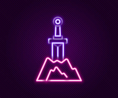 Glowing neon line Sword in the stone icon isolated on black background. Excalibur the sword in the stone from the Arthurian legends. Colorful outline concept. Vectorのイラスト素材