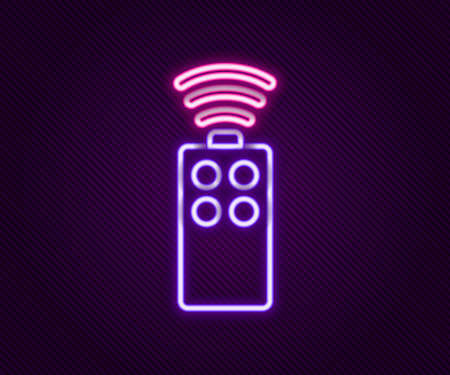 Glowing neon line Remote control for the camera icon isolated on black background. An auxiliary device that allows you to work with a camera from a distance. Colorful outline concept. Vectorのイラスト素材