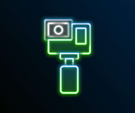 Glowing neon line Action extreme camera icon isolated on black background. Video camera equipment for filming extreme sports. Colorful outline concept. Vectorのイラスト素材