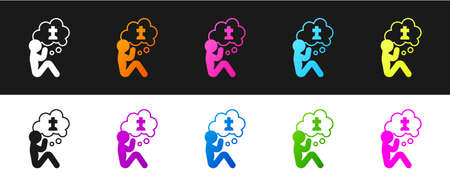 Set Man graves funeral sorrow icon isolated on black and white background. The emotion of grief, sadness, sorrow, death. Vectorのイラスト素材