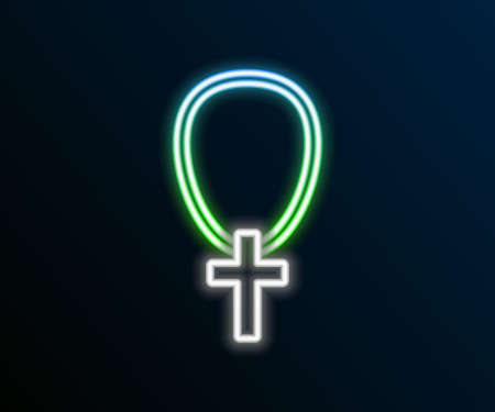 Glowing neon line Christian cross on chain icon isolated on black background. Church cross. Colorful outline concept. Vectorのイラスト素材