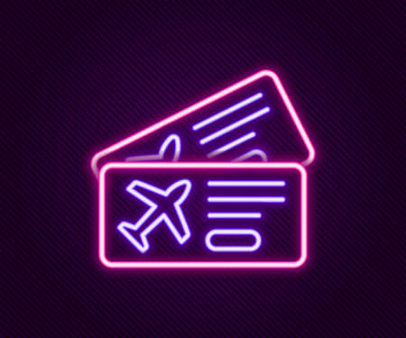 Glowing neon line Airline ticket icon isolated on black background. Plane ticket. Colorful outline concept. Vectorのイラスト素材