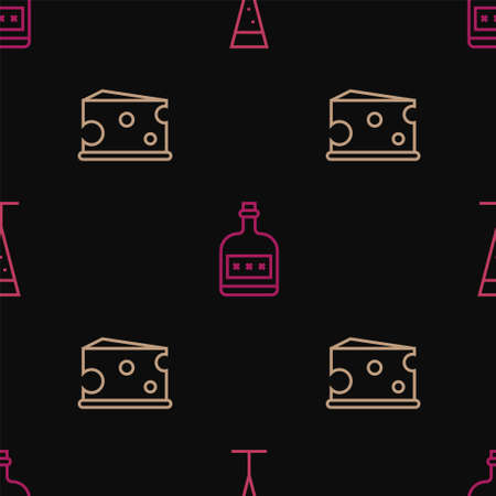 Set line Glass of champagne, Cheese and Alcohol drink Rum bottle on seamless pattern. Vectorのイラスト素材