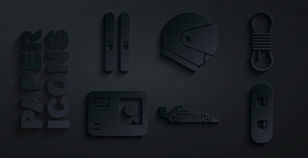 racing car, Climber rope, Action extreme camera, Snowboard, Helmet and Ski and sticks icon. Vectorのイラスト素材