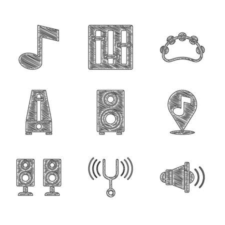 Set Stereo speaker, Musical tuning fork, Speaker volume, Location musical note, Metronome with pendulum, Tambourine and tone icon. Vectorのイラスト素材