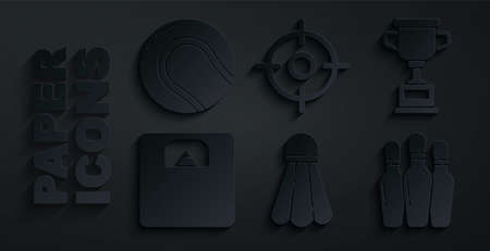 Set Badminton shuttlecock Award cup Bathroom scales Bowling pin Target sport and Baseball ball icon. Vector.のイラスト素材