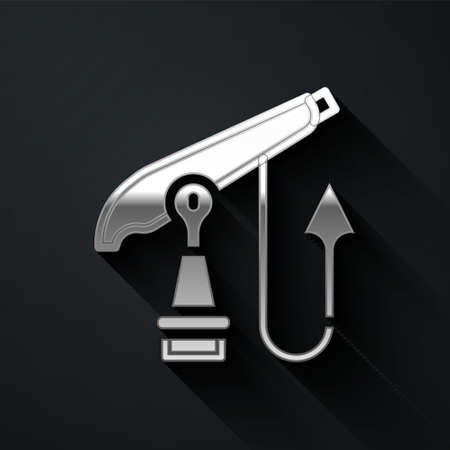 Silver Fishing harpoon icon isolated on black background. Fishery manufacturers for catching fish under water. Diving underwater equipment. Long shadow style. Vectorのイラスト素材
