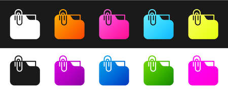 Set Document folder with paper clip icon isolated on black and white background. Accounting binder symbol. Bookkeeping management. Vectorのイラスト素材