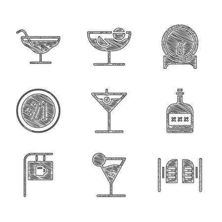 Set Martini glass, Saloon door, Alcohol drink Rum bottle, Street signboard with Bar, 21 plus, Wooden barrel rack and Cocktail icon. Vectorのイラスト素材
