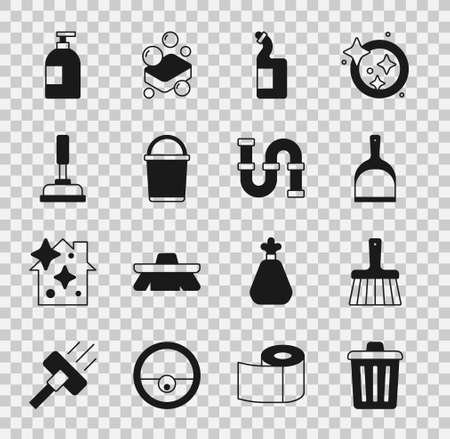 Set Trash can, Handle broom, Dustpan, Dishwashing liquid bottle, Bucket, Rubber plunger, and Industry metallic pipe icon. Vectorのイラスト素材