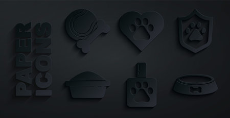 Set Pet shampoo, Animal health insurance, food bowl, Heart with animals footprint and toys bone rubber and ball icon. Vectorのイラスト素材