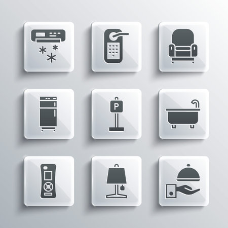 Set Table lamp, Covered with tray, Bathtub, Parking, Remote control, Refrigerator, Air conditioner and Armchair icon. Vectorのイラスト素材