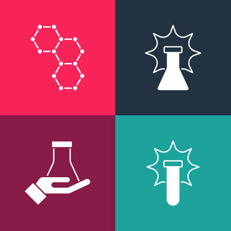 Set pop art Chemical explosion, Test tube and flask, and formula icon. Vectorのイラスト素材