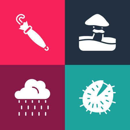 Set pop art Chestnut, Cloud with rain, Mushroom and Umbrella icon. Vectorのイラスト素材