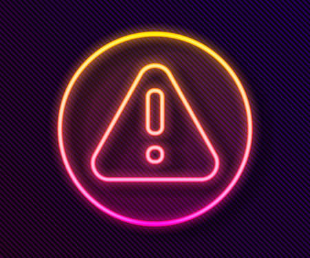 Glowing neon line Exclamation mark in triangle icon isolated on black background. Hazard warning sign, careful, attention, danger warning important. Vectorのイラスト素材