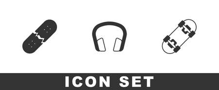 Set Broken skateboard deck, Headphones and Skateboard icon. Vectorのイラスト素材