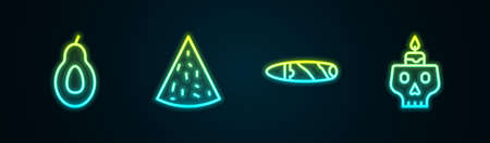 Set line Avocado, Nachos, Cigar and Burning candle on skull. Glowing neon icon. Vectorのイラスト素材