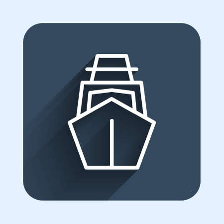 White line Yacht sailboat or sailing ship icon isolated with long shadow background. Sail boat marine cruise travel. Blue square button. Vectorのイラスト素材