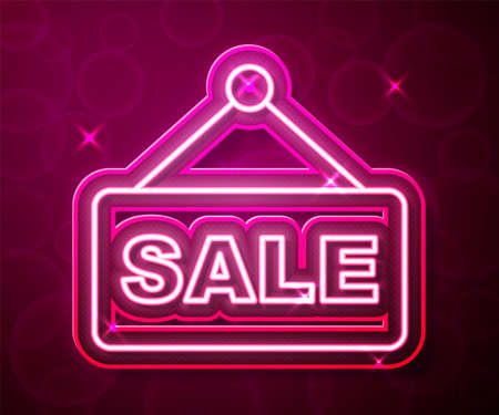 Glowing neon line Hanging sign with text Sale icon isolated on red background. Signboard with text Sale. Vectorのイラスト素材
