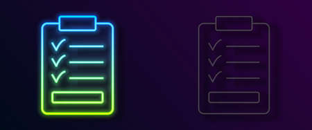 Glowing neon line Clipboard with checklist icon isolated on black background. Control list symbol. Survey poll or questionnaire feedback form. Vectorのイラスト素材