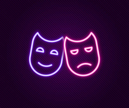 Glowing neon line Comedy and tragedy theatrical masks icon isolated on black background. Colorful outline concept. Vectorのイラスト素材