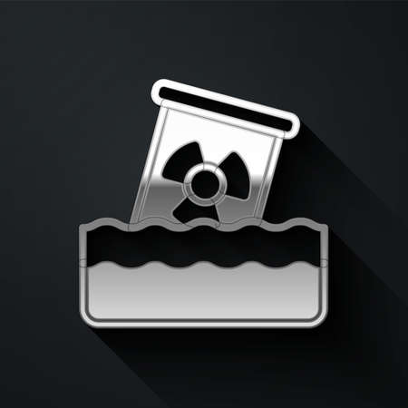Silver Radioactive waste in barrel icon isolated on black background. Toxic waste contamination on water. Environmental pollution. Long shadow style. Vectorのイラスト素材