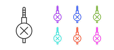 Black line No audio jack icon isolated on white background. Audio cable for connection sound equipment. Plug wire. Musical instrument. Set icons colorful. Vectorのイラスト素材