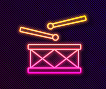 Glowing neon line Drum with drum sticks icon isolated on black background. Music sign. Musical instrument symbol. Vectorのイラスト素材