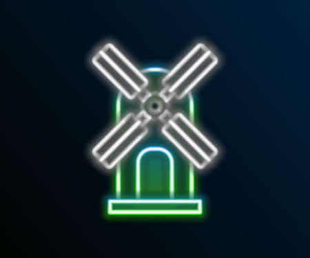 Glowing neon line Wind turbine icon isolated on black background. Wind generator sign. Windmill for electric power production. Colorful outline concept. Vectorのイラスト素材