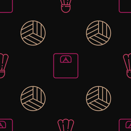 Set line Badminton shuttlecock, Volleyball ball and Bathroom scales on seamless pattern. Vectorのイラスト素材