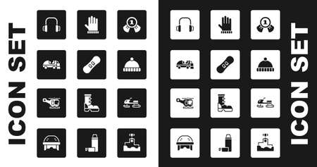 Set Medal, Snowboard, Ice resurfacer, Winter headphones, hat, Christmas mitten, Snowmobile and Rescue helicopter icon. Vectorのイラスト素材