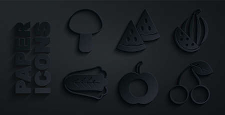 Set Peach fruit, Watermelon, Cabbage, Cherry, and Mushroom icon. Vectorのイラスト素材