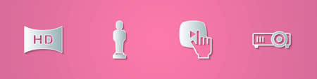 Set paper cut Hd movie, tape, frame, Movie trophy, Online play video and Movie, film, media projector icon. Paper art style. Vectorのイラスト素材
