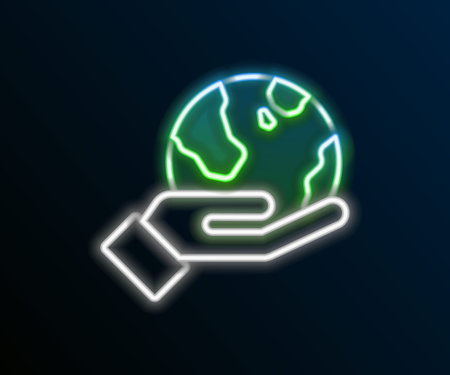 Glowing neon line Human hand holding Earth globe icon isolated on black background. Save earth concept. Colorful outline concept. Vectorのイラスト素材