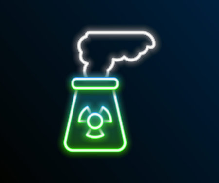 Glowing neon line Nuclear power plant icon isolated on black background. Energy industrial concept. Colorful outline concept. Vectorのイラスト素材